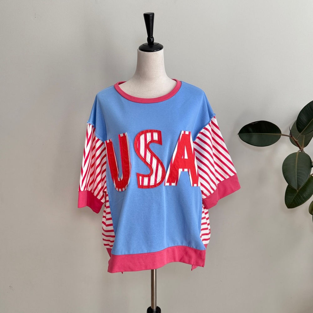 Bibi Usa Letter Patchwork Contrast Short Sleeve B… - image 1